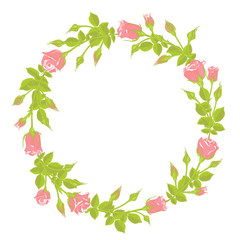 pink roses. Wreath of roses. Floral pattern. green leaves. Floral background. Buds. Round frame. card. congratulation. mothers Day. women's Day.