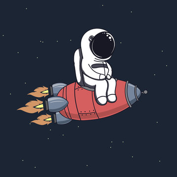 Cute astronaut sits on rocket