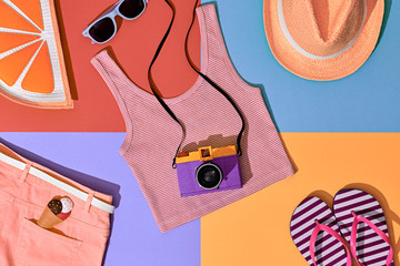Fashion Film Camera, Retro Design. Summer Clothes Accessories Set. Pop Art Style. Glamor Orange...