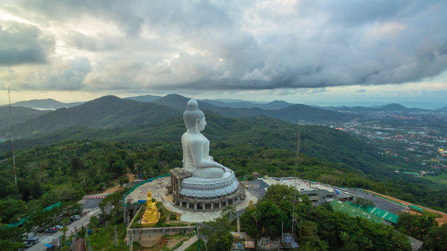 aerial photography Phuket’s big Buddha in twilight.