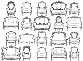 Vintage Baroque luxury style armchairs furniture set collection. French Luxury rich carved ornaments decoration. Vector Victorian exquisite Style furniture