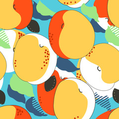 Apricot fruits seamless pattern. Fresh apricots, leaves and stones background. Trendy freehand drawing illustration