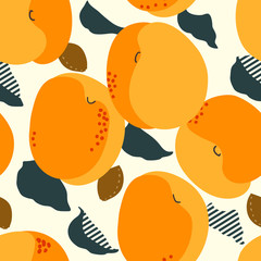 Apricot fruits seamless pattern. Fresh apricots, leaves and stones background. Trendy freehand drawing illustration - 164026755