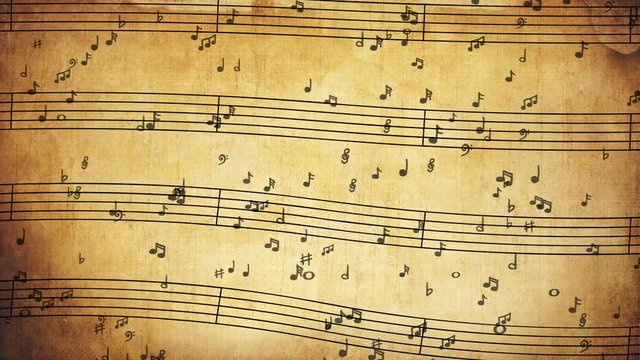 Music notes on an old paper. Seamless loop, unusual, high quality animation. Great as backdrop for your music themed projects. 4K, 60fps