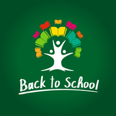 Back to School education tree banner. Vector design back to school lettering with colored book and kids tree