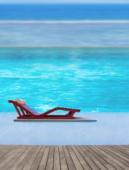  lit de soleil sur piscine à plage immergée et terrasse bois, vue lagon