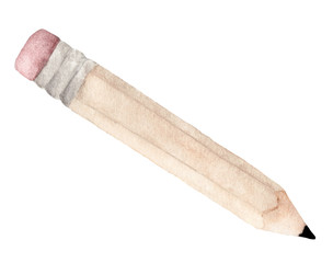 Hand drawn Pink pencil for writing and eraser isolated on white background - watercolor illustration for greeting card, poster, or print on clothes.
