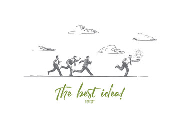 Obraz na płótnie Canvas The best idea concept. Hand drawn people running with luminous light bulb. Businessman makes a great solution isolated vector illustration.