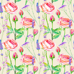 Seamless pattern of a purple roses,bluebell and lavender.Briar and herbs.Image for fabric, paper and other printing and web projects.Watercolor hand drawn illustration.Beige background.