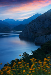 Fototapety   mountains landscape with lake in twilight