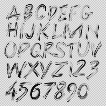 Handwritten brush font, letters and numbers, vector illustration.
