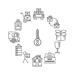Line art icon infographic set for Moving. Thin line art icons. Flat style illustrations isolated.