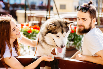 Young hipter couple with alaskan malamute dog sitting on a bench in the city. Family, pet, animal and people concept. - obrazy, fototapety, plakaty