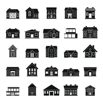 Houses icon set in black silhouettes simple style