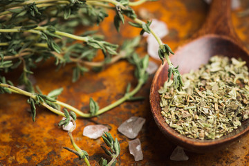 Spices on the rusty background. Shallow depth of field.