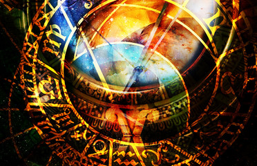 zodiac collage in cosmic space. Abstract color background.