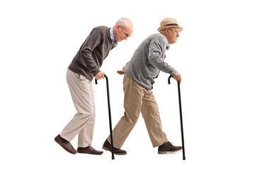 Two elderly men with canes walking