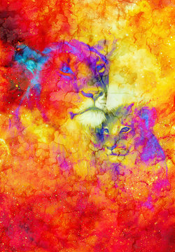 Lioneass and little lion cub in cosmic space. Crackle effect.