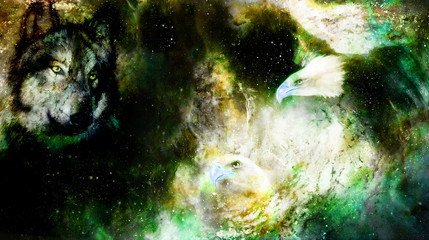 Eagle and wolf in cosmic space. Profile portratit. © jozefklopacka