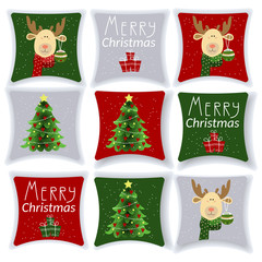 A set of pillows. Pillow with Christmas illustrations. Cartoon. Interior design. Vector illustration. - 164034992