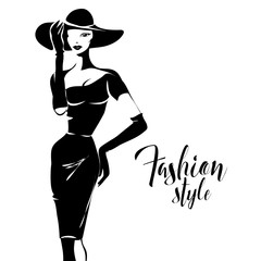 Black and white retro fashion model silhouette sketch style. Hand drawn vector illustration