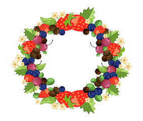 Vector mixed cherry and berry wreath frame. Design for tea, natural cosmetics, beauty store, dessert menu, organic health care products, perfume, aromatherapy. Place for text