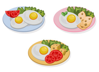 egg healthy breakfast. fresh tasty meal cheese, sausage, tomatoes vector