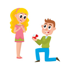 Loving couple, man proposing to beautiful woman girl standing on one knee, offering wedding ring, cartoon, comic style vector illustration isolated on white background. Loving couple, proposal