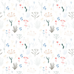 Small flowers and leaves floral vector seamless pattern.