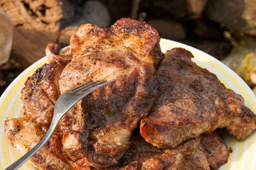 Close up view of juicy pork steak on fork cooked on an open flame grill on big white plate..
