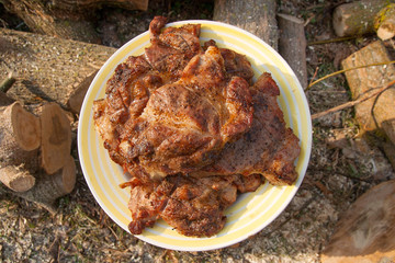 Juicy pork steaks cooked on an open flame grill on big white plate..