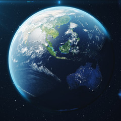 Fototapeta na wymiar 3D Rendering Planet earth from the space at night. The World Globe from Space in a star field showing the terrain and clouds Elements of this image furnished by NASA.