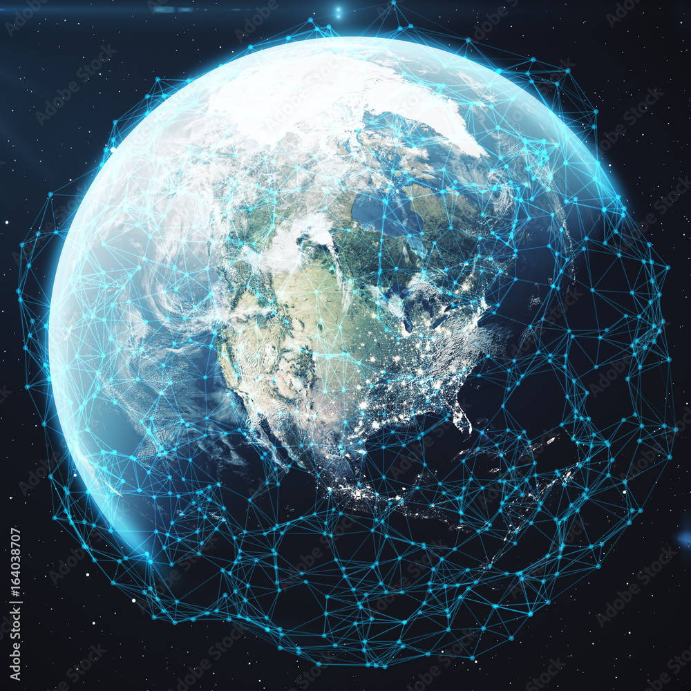 Poster 3d rendering network and data exchange over planet earth in space. connection lines around earth glo