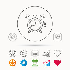 Alarm clock icon. Mechanical retro time sign. Watch with bell symbol. Calendar, Graph chart and Cogwheel signs. Download and Heart love linear web icons. Vector