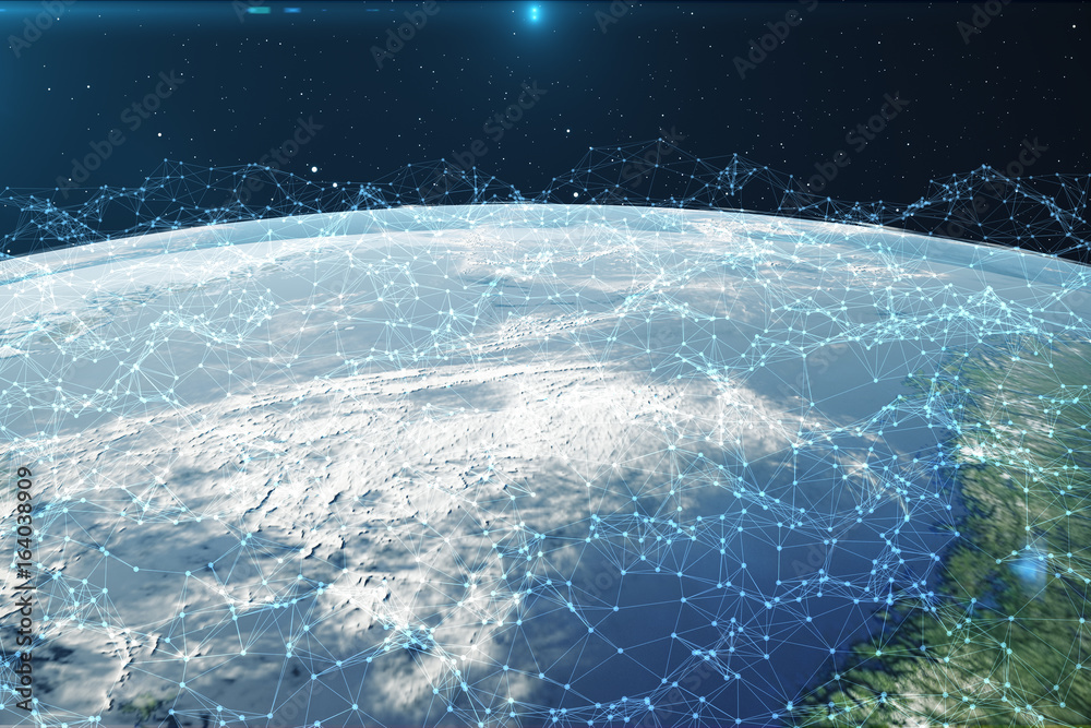 Poster 3d rendering network and data exchange over planet earth in space. connection lines around earth glo