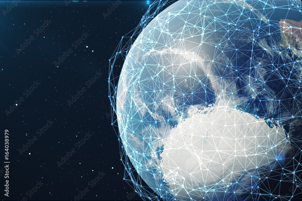 Poster 3d rendering network and data exchange over planet earth in space. connection lines around earth glo