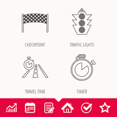 Checkpoint, traffic lights and timer icons. Travel time, road linear signs. Edit document, Calendar and Graph chart signs. Star, Check and House web icons. Vector