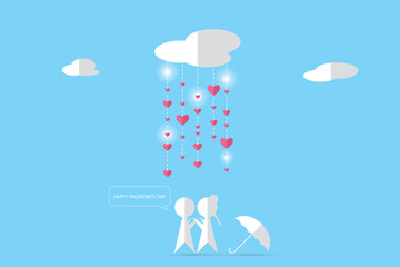 couple under clouds with rain and hearts, valentine concept