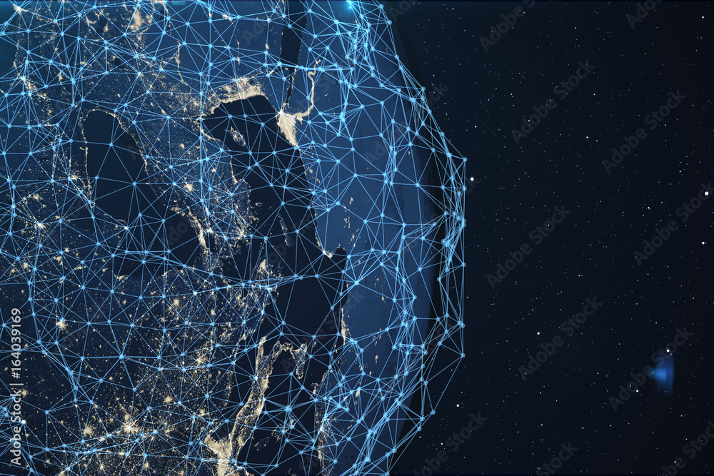 Poster 3d rendering network and data exchange over planet earth in space. connection lines around earth glo