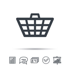 Basket icon. Shopping cart symbol. Chat speech bubble, chart and presentation signs. Contacts and tick web icons. Vector