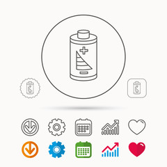 Battery icon. Electrical power sign. Rechargeable energy symbol. Calendar, Graph chart and Cogwheel signs. Download and Heart love linear web icons. Vector