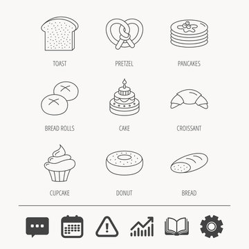 Croissant, pretzel and bread icons. Cupcake, cake and sweet donut linear signs. Pancakes, toast and bread rolls flat line icons. Education book, Graph chart and Chat signs. Vector
