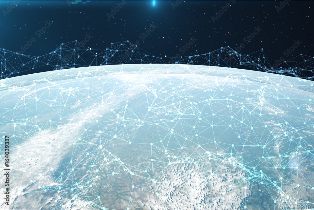 Poster 3d rendering network and data exchange over planet earth in space. connection lines around earth glo