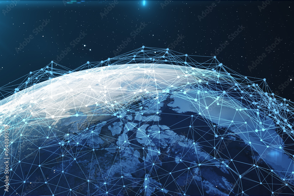 Poster 3d rendering network and data exchange over planet earth in space. connection lines around earth glo