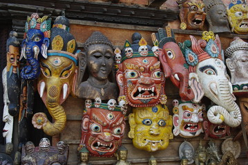 Nepalese masks on display at Monkey Temple, Kathmandu Nepal