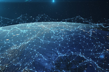 3D rendering Network and data exchange over planet earth in space. Connection lines Around Earth Globe. Global International Connectivity, Elements of this image furnished by NASA