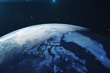 3D Rendering Planet earth from the space at night. The World Globe from Space in a star field showing the terrain and clouds Elements of this image furnished by NASA.