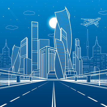 Wide highway. Urban infrastructure illustration, futuristic city on background, modern architecture. Airplane fly. White lines on blue background, night scene, vector design art