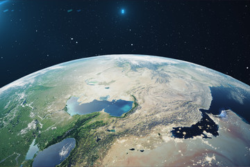 3D Rendering Planet earth from the space at night. The World Globe from Space in a star field showing the terrain and clouds Elements of this image furnished by NASA.