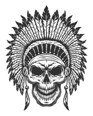 Skull of american indian. Wild West theme. Monochrome style. Isolated on white